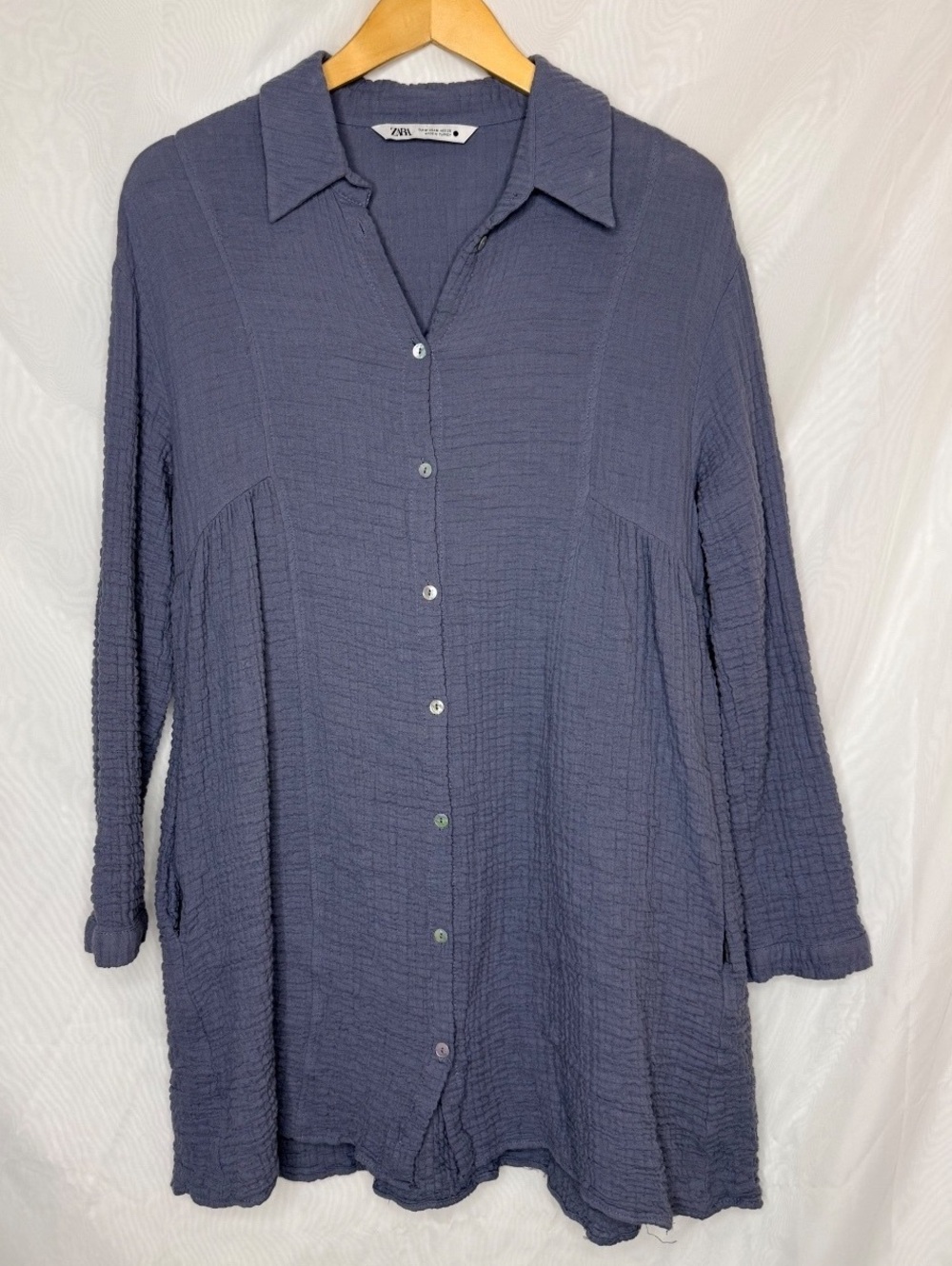 Zara Slate Blue Crinkle Gauze Mini Shirt Dress